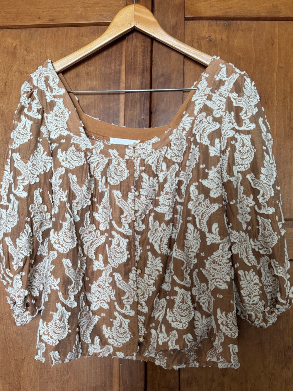 Anthropologie Brown Embroidered Peasant Top with Ivory Lace Details